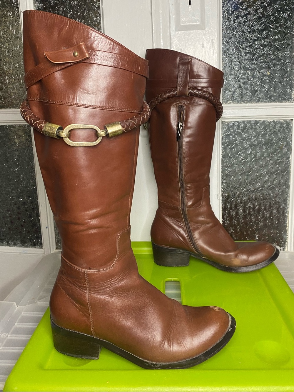 Women's Over-the-Knee Brown Leather riding Boots with Braided Strap Accent
